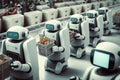 robots in a futuristic supermarket, with robotic arms stocking shelves and a humanoid robot assisting customers at a