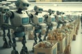 robots in a futuristic supermarket, with robotic arms stocking shelves and a humanoid robot assisting customers at a