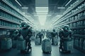 robots in a futuristic supermarket, with robotic arms stocking shelves and a humanoid robot assisting customers at a