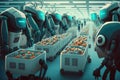 robots in a futuristic supermarket, with robotic arms stocking shelves and a humanoid robot assisting customers at a