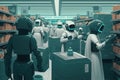 robots in a futuristic supermarket, with robotic arms stocking shelves and a humanoid robot assisting customers at a