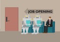 Robots and human going for job opening. Depicts future job market and artificial intelligence. Concept of Human vs Robot. Isolated