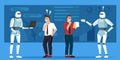 robots with humans background. robots helping humans in office, supplementary labor force, UI working with people Royalty Free Stock Photo