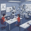 Robots and humans collaborate in an artistic workspace. Two Royalty Free Stock Photo