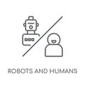 Robots and humans linear icon. Modern outline Robots and humans