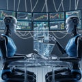 Robots interact with a digital interface and multiple screens displaying data and graphs. Royalty Free Stock Photo