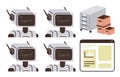Robots with labeled displays, filing cabinet, documents, and browser window representing process automation Royalty Free Stock Photo