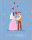 Robots marriage, wedding with couple of newly weds standing together electronic bride and caucasian man bridegroom