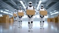 Robots move boxes through futuristic warehouse. Bright environment with clear floors and large storage area. Concept of Royalty Free Stock Photo