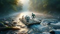 Robots navigating a raft on a misty river Royalty Free Stock Photo