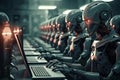 Robots in office work on computers collaborating efficiently in a high tech workspace, robot working with human in factories