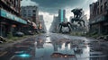 Robots Patrol Rainy, Abandoned Cityscape Post-Apocalypse Royalty Free Stock Photo