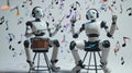Robots playing drums amidst a colorful musical display