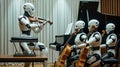 A group of robots playing instruments in front of a piano