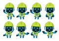 Robots police character vector set. Police robot characters with helmet and vest with pose and gesture or emergency.