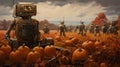Robots with pumpkins at farm field in autumn. Droids helping harvesting pumpkins at fall countryside, future farm concept. Comics