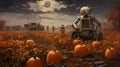 Robots with pumpkins at farm field in autumn. Droids helping harvesting pumpkins at fall countryside, future farm concept. Comics