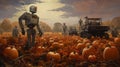 Robots with pumpkins at farm field in autumn. Droids helping harvesting pumpkins at fall countryside, future farm concept. Comics