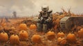 Robots with pumpkins at farm field in autumn. Droids helping harvesting pumpkins at fall countryside, future farm concept. Comics Royalty Free Stock Photo