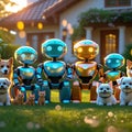 Robots and puppies posing together on a green lawn in front of a house android artificial intelligence Royalty Free Stock Photo