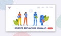 Robots Replacing Humans Landing Page Template. Business Men or Women Characters and Androids Waiting Hiring Interview Royalty Free Stock Photo