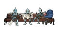 Robots are resting on a park bench