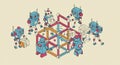 Robots with a retro design are assembling a 3D geometric structure using colorful Royalty Free Stock Photo