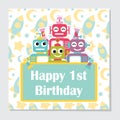 Robots on rocket background suitable for birthday invitation card design Royalty Free Stock Photo