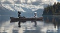 Robots rowing together serene lake digital art mountain environment balanced perspective technological connection