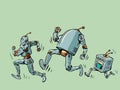 The robots are running. Different models of artificial intelligent humanoid mechanisms. running marathon speed sport