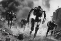 Robots running in a post-apocalyptic landscape.