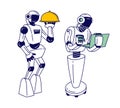 Robots Serving in Hospitality Service and Business. Cyborgs Holding Tray with Meal and Laptop. Artificial Intelligence