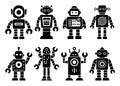 Robots set happy funny black icons. Machine technology cyborg silhouette. Futuristic humanoid characters set. Science