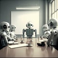 Robots sitting in business meeting in modern office. Created with Generative AI technology