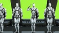Robots soldiers on a spaceship salute against the background of green screen. A futuristic concept of a UFO. 3D