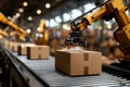 Robots sorting boxes on a conveyor belt in a busy warehouse environment Royalty Free Stock Photo