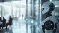 Robots stand in a high-tech lab while scientists analyze data on computer screens Royalty Free Stock Photo