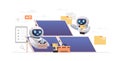 robots standing near solar panels station robotic engineers checking alternative energy and using sunlight for producing