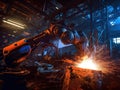 Robots steel welding in a production line at factory. Heavy industry. Artificial intelligence, Generative AI Royalty Free Stock Photo