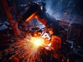 Robots steel welding in a production line at factory. Heavy industry. Artificial intelligence, Generative AI Royalty Free Stock Photo