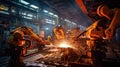 Robots steel welding in a production line at factory. Heavy industry. Artificial intelligence, Generative AI Royalty Free Stock Photo