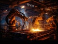 Robots steel welding in a production line at factory. Heavy industry. Artificial intelligence, Generative AI Royalty Free Stock Photo