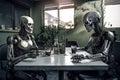 Robots talks sitting at table, humanoid AI androids in desolate cafe, generative AI