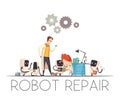 Robots Teamwork Repair Cartoon Composition