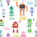 Robots and transformer androids cartoon toys character robotics machine cyborg vector seamless pattern background