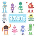 Robots and transformer androids retro cartoon toys character future artificial robotics machine cyborg vector
