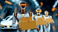 Robots transport boxes in high-tech warehouse. Bright lights shine on sleek surfaces, showcasing advanced automation Royalty Free Stock Photo