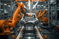 Robots are used in modern automobile manufacturing to assemble vehicles on high tech assembly lines Royalty Free Stock Photo