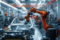 Robots are used in modern automobile manufacturing to assemble vehicles on high tech assembly lines Royalty Free Stock Photo
