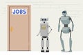 Robots Waiting Invitation for Job Interview at Lobby front of Door. Machine Characters Hiring in Office, Cyborg Hire Job